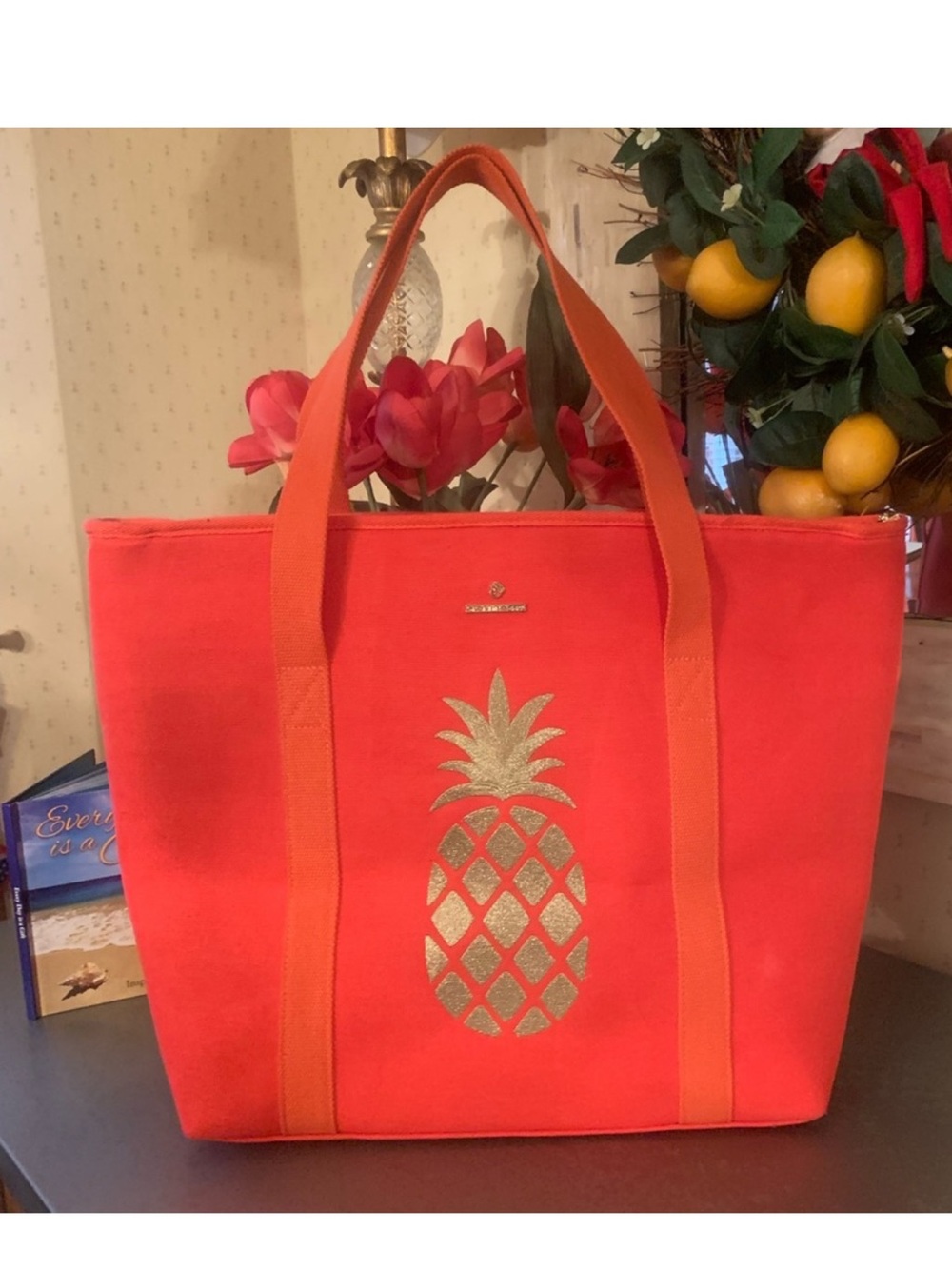 Spartina 449 Orange Lined Tote with Gold Pineapple.